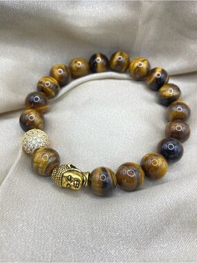 Gold Buddha Tiger's Eye Beaded Bracelet - Brown